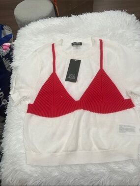 Wild Fable White Short-Sleeve Sweater with Red Knit Bralette Detail